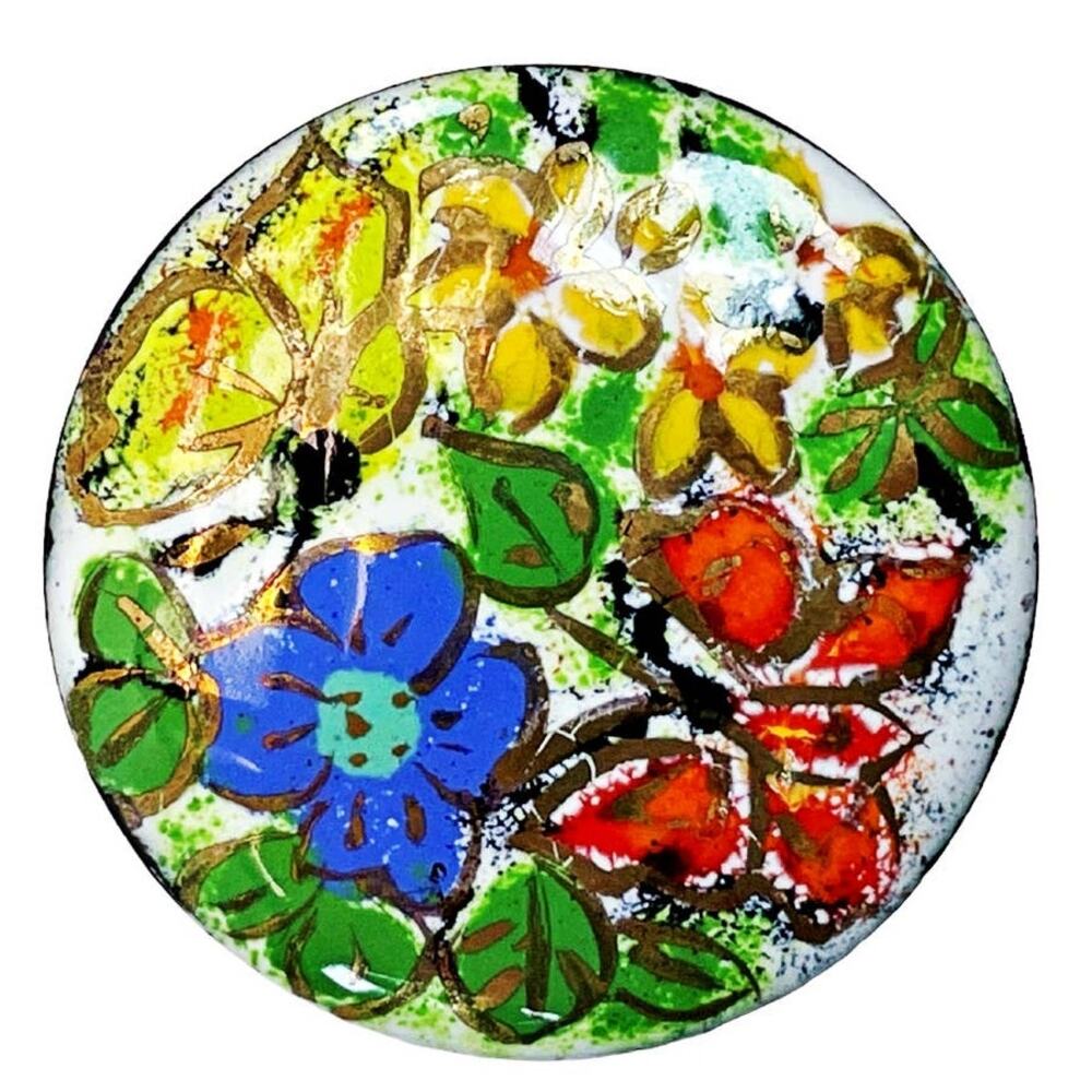 Vintage Butterfly Flower Hand Painted Enamel Brooch Pin Signed Art